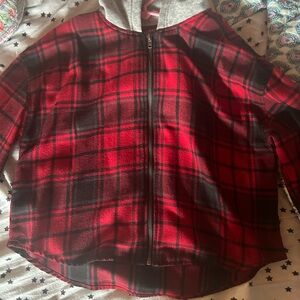 Hippie rose, size small, cropped flannel with grey hood.